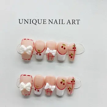 Розовый маникюрный набор ручной работы Press on Korean Fairy Y2k Design Многоразовые накладные ногти с клеем, Акриловое полное покрытие кончиков ногтей Star Nails