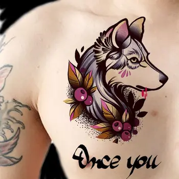 Татуировка Волка на груди, водонепроницаемые временные татуировки для мужчин, красочные наклейки с буквами в виде собачьей головы, Фестивальная панк-наклейка