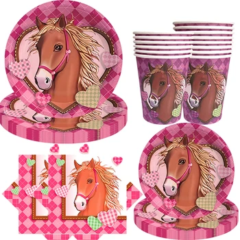 Декор вечеринки с Розовой лошадью Одноразовая посуда Тарелки для вечеринки с лошадьми Салфетки Чашки Баннеры для Дня Рождения Лошади День Рождения лошади