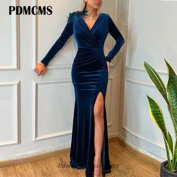 PDMCMS Темно-синие вечерние платья русалки из велета с V-образным вырезом и перьями, вечерние платья с разрезом по бокам, платья для выпускного вечера длиной до пола с длинными рукавами