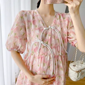 Летнее платье для беременных 2023, Новое Китайское шифоновое платье с диагональным воротником и пуговицами, платье для беременных с модным принтом LE982