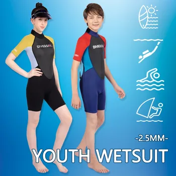 Детский водолазный костюм 2,5 мм из неопрена, цельный подростковый костюм для серфинга с короткими рукавами, мужской и женский купальник для подводного плавания