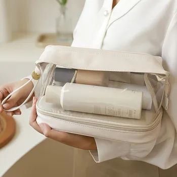 Прозрачная двухслойная косметичка для женщин, сумка для туалетных принадлежностей, косметичка из искусственной кожи большой емкости, кисточки для хранения, необходимые для путешествий, женские
