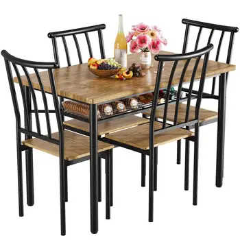 Обеденный стол из 5 предметов мебели из дерева и металла, кухонный стол и 4 стула с полкой для хранения в кухне-столовой