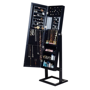 Напольный шкаф для ювелирных изделий, деревянный зеркальный шкаф, квадратные ножки с 6 синими светодиодными лампами, белый
