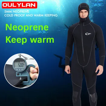 Цельный гидрокостюм с капюшоном на молнии спереди, 5 мм неопрен, сохраняющий тепло, водолазный костюм для подводного плавания, серфинга, подводный купальный костюм для мужчин