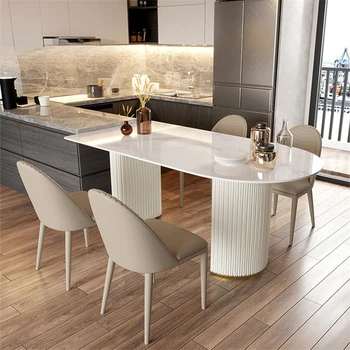Итальянские минималистичные обеденные столы из шифера для столовой, современные столики для небольших квартир, дизайнерский полукруглый обеденный стол
