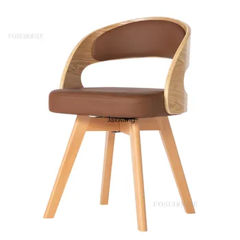 Обеденный стул Обеденный стул из массива дерева с поворотной спинкой Ins Для домашних кожаных стульев Современный Минималистичный обеденный стул для отдыха A