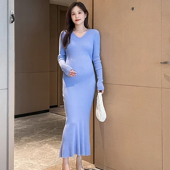 Новое поступление, осенне-зимнее модное трикотажное облегающее платье для беременных, элегантная облегающая одежда А-силуэта для беременных женщин, беременность