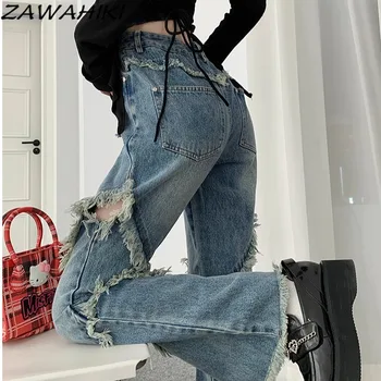 Шикарный дизайн, Однотонные Прямые женские джинсы с высокой талией и отверстиями, повседневные Y2K, Эстетичный Темперамент, Универсальные весенние джинсовые брюки