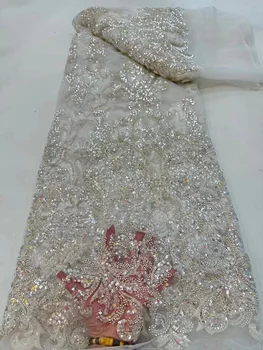 Африканская кружевная ткань с бисером 2022, 5 ярдов белого цвета для свадебных платьев, высококачественный сетчатый тюль с блестками из Дубая, хрустальные бусины ручной работы