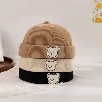 Шляпы для новорожденных Без полей Осень-зима С вышивкой Мультяшного Медведя, Вельветовые Кепки Для девочек И мальчиков, Регулируемые Детские шапочки-бини