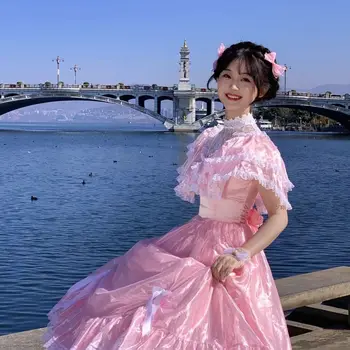 2023 Летнее Милое элегантное женское кружевное вечернее платье в стиле пэчворк, женское розовое платье принцессы с высокой талией, Летнее платье Феи для выпускного вечера