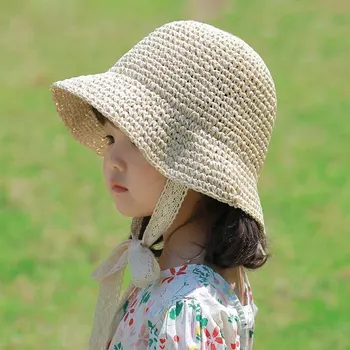 Летняя детская шляпка, соломенная кепка для девочки, модная детская пляжная кепка с кружевным бантом, детские шляпки принцессы и кепки Детские шапочки