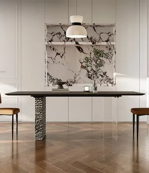 Сочетание подвесного обеденного стола и стула в итальянском стиле, минималистичный прямоугольный обеденный стол из гофрированной нержавеющей стали