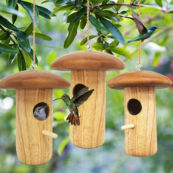 Деревянный подвесной птичий дом Nature Ventilatio Подвесной орнамент в форме колибри в форме гриба, креативный для улицы, сада и дома