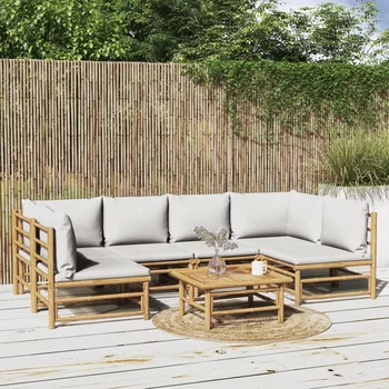Набор для отдыха во внутреннем дворике из 7 предметов со светло-серыми подушками из бамбука Для наружных садов на заднем дворе