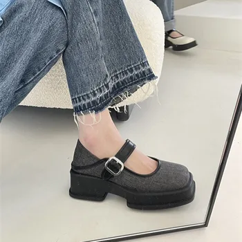 Японская девушка На платформе, Черные туфли на высоком массивном каблуке, туфли в стиле Лолиты, Туфли Мэри Джейн с квадратным носком, женские кожаные студенческие туфли для косплея