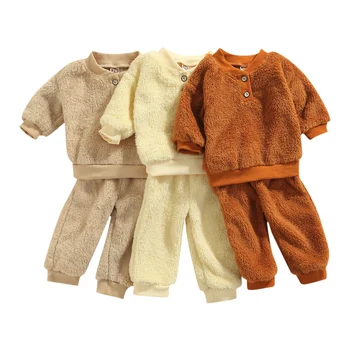 Pudcoco Для новорожденных мальчиков, комплекты из 2 предметов, топы с длинными рукавами на пуговицах и резинке, плюшевые комплекты брюк, наряды от 0 до 3 лет