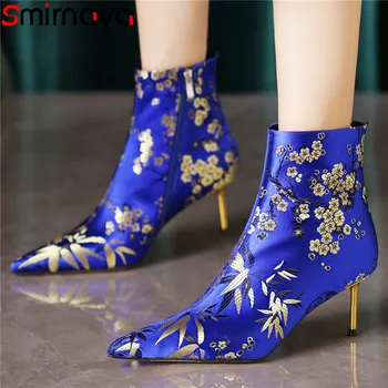 Smirnova 2023 / Новые Элегантные Шелковые ботинки с цветочным рисунком на молнии, Ботильоны на тонком высоком каблуке, женские зимние ботинки с острым носком.