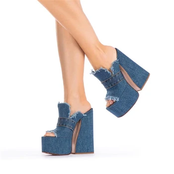 2023 Женские летние джинсовые сандалии на платформе с толстой подошвой Модные женские босоножки на ультравысоком каблуке большого размера Женская обувь