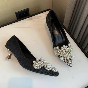 Новые Сексуальные женские туфли с кристаллами и жемчугом в короне Свадебные туфли-лодочки с острым носком на высоком каблуке Роскошные модельные туфли с жемчужным каблуком