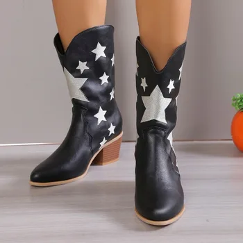 Женские ковбойские сапоги в западном стиле с вышивкой для женщин, слипоны звездного дизайна 2023 г., Новые летние осенние ковбойские туфли в винтажном стиле