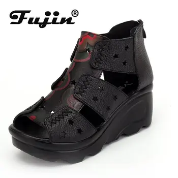 Модные сандалии Fujin 7 см Летние женские мотоциклетные ботинки Этнические из натуральной кожи с открытым носком Летние Мокасины