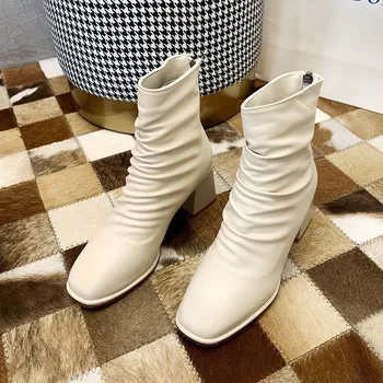 Высококачественные женские ботильоны из мягкой искусственной кожи С квадратным носком, Короткие ботинки на квадратном каблуке 2023, Осенне-зимняя женская обувь, Ботинки Челси