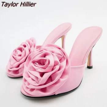 Женская обувь Лето 2023, Элегантная модная атласная обувь с цветочным рисунком, Туфли на шпильке с открытым носком, сексуальная простая универсальная верхняя одежда, тапочки-платья 46
