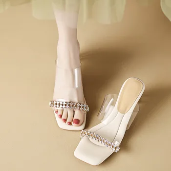 Французские простые прозрачные тапочки на хрустальном каблуке, женские тапочки на высоком каблуке с открытым носком, украшенные стразами, Вечернее платье, женская обувь