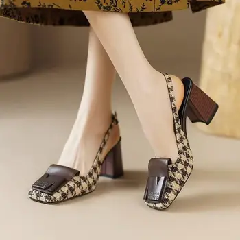 Женские босоножки на высоком каблуке в клетку в стиле ретро, весенние женские босоножки с острым носком, модные элегантные женские туфли-лодочки коричневого цвета для поездок на работу
