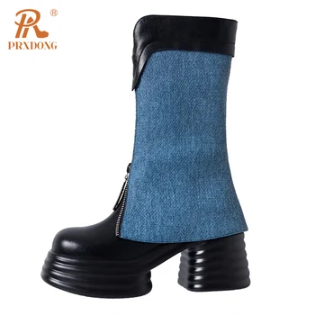 PRXDONG/ Модная осенне-зимняя теплая обувь; Женские ботинки до середины икры на высоком массивном каблуке; цвет черный, синий, в стиле панк; вечерние платья 34-40;