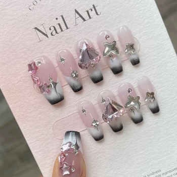 Y2k Press on Nails Ручной работы, Розовый дизайн с длинными звездами, Многоразовый клей, накладные ногти, Искусственное полное покрытие кончиков ногтей, маникюр