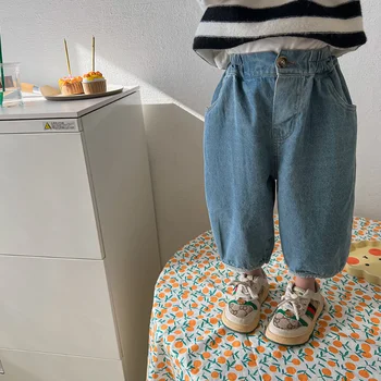 Весенне-осенние детские брюки svintage, однотонные свободные джинсы для мальчиков и девочек, универсальные повседневные джинсовые укороченные брюки
