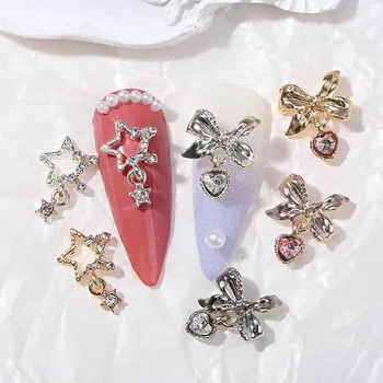 10шт Золотых/серебряных хрустальных страз для дизайна ногтей с бабочкой/ звездообразными подвесками, дизайнерские подвески для 3D-аксессуаров для ногтей, наклейки из сплава
