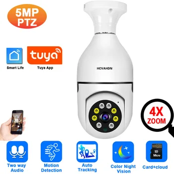 5-Мегапиксельная беспроводная лампочка Tuya Камера Цветного ночного видения Автоматическое отслеживание Wifi PTZ CCTV Камера видеонаблюдения Smart Life Cam