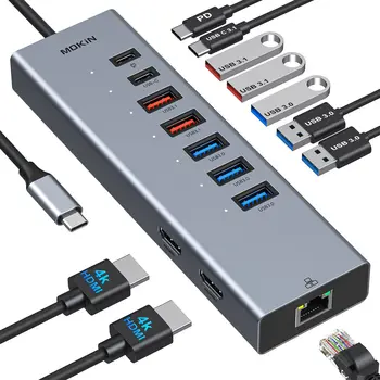 Док-станция USB C с Двумя Мониторами, Док-станция Для Ноутбука 10 в 1, Концентратор USB C, Двойной Адаптер HDMI, USB-ключ с 2 HDMI, Ethernet