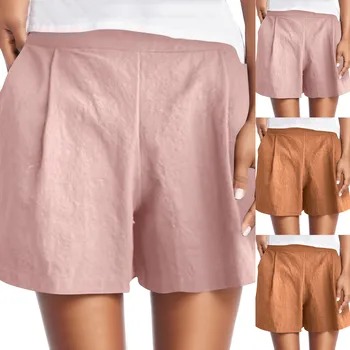 Женские летние шорты с высокой талией, повседневные удобные шорты с эластичной резинкой на талии, однотонные Свободные шорты с карманами