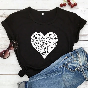 Женская футболка с черно-белыми буквами, женская футболка с цветочным сердечком, женская повседневная летняя эстетичная хипстерская футболка
