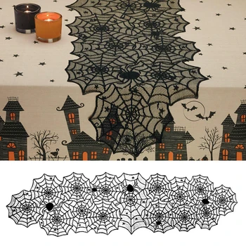 1шт Черная кружевная скатерть в виде паутины, украшение для камина, занавеска для украшения домашней вечеринки на Хэллоуин, 45x183 см