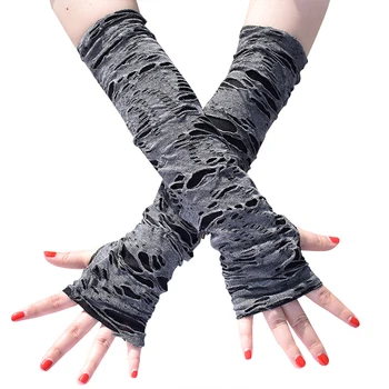 Перчатки для Хэллоуина, модные попрошайки для косплея, черные рваные перчатки, панк-черные перчатки без пальцев, рваные перчатки без пальцев