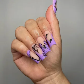 24шт Набор для наклеивания искусственных ногтей с фиолетовой паутиной на Хэллоуин, французский наконечник, полное покрытие, акриловые короткие наклеивающиеся кончики накладных ногтей