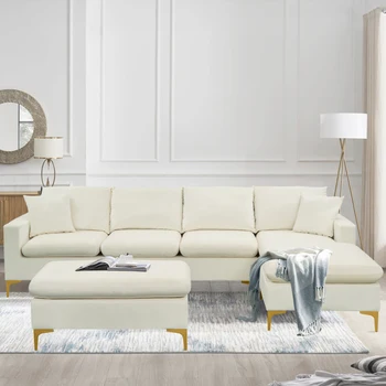 110,6-дюймовый секционный диван с пуфиком, L-образный Элегантный диван с бархатной обивкой и 2 подушками для гостиной квартиры