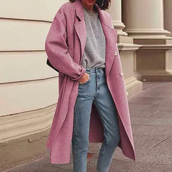 Женское шерстяное пальто, повседневная модная однотонная куртка с V-образным вырезом и карманом, весенне-осенний длинный тренч трапециевидной формы оверсайз Оверсайз