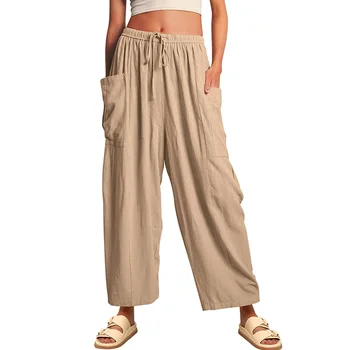 S-3XL Женские брюки С длинным эластичным поясом, Однотонные Широкие брюки с карманами, Высокая талия, Модные Летние Повседневные брюки Оверсайз