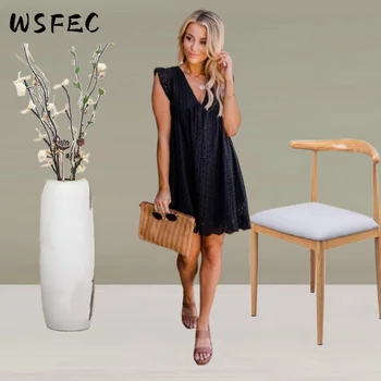 WSFEC S-2XL Короткие Платья для Женщин 2023 Летняя Одежда С Коротким Рукавом Кружева Выдалбливают Свободные Повседневные Сексуальные Мини-Платья Дропшиппинг