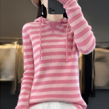 Кашемировый свитер из 100% чистой шерсти, Женская одежда, пуловер с капюшоном, Модный вязаный полосатый топ, Осень-Зима, теплая толстовка в Корейском стиле