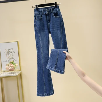 Расклешенные джинсы с разрезом в стиле пэчворк, женские джинсовые брюки с высокой талией, женские эластичные панталоны с двойными пуговицами, Mujer 5XL