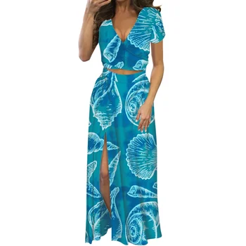 Летнее пляжное платье для вечеринки на Гавайях 2023, Женское платье Макси С Глубоким вырезом, С принтом Морского элемента, Раздельное платье из Двух частей, Одежда с коротким рукавом и V-образным вырезом
